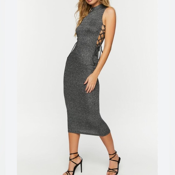 Metallic ribbed bodycon corset lace up midi dress nwot